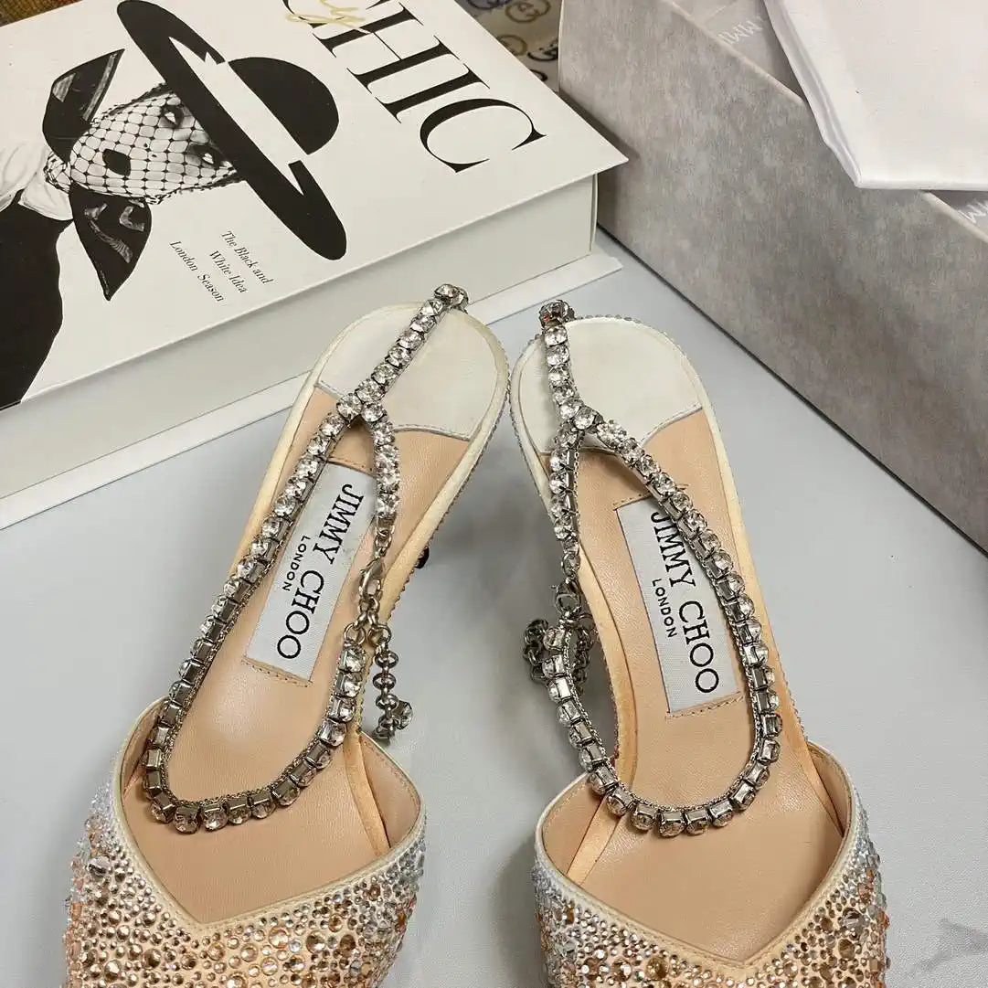 Jimmy Choo SAEDA100ZPJ Gold Satin Pumps with Crystals JC90003