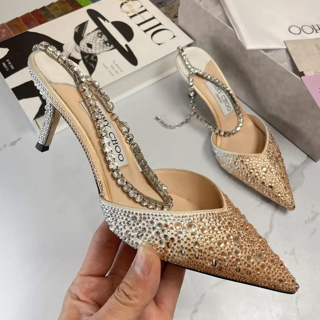 Jimmy Choo SAEDA100ZPJ Gold Satin Pumps with Crystals JC90003