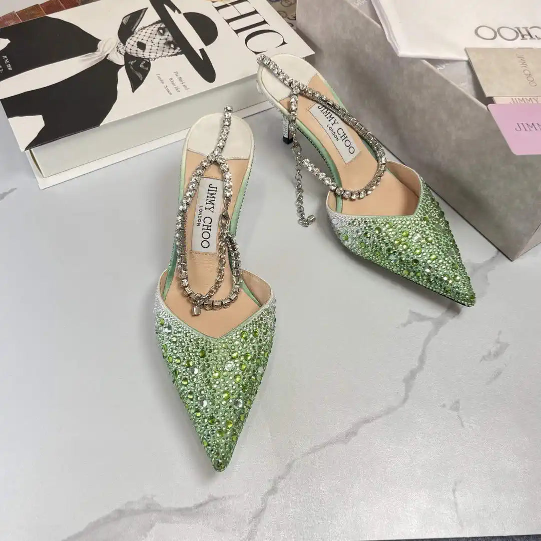 Jimmy Choo SAEDA100ZPJ Gold Satin Pumps with Crystals JC90004