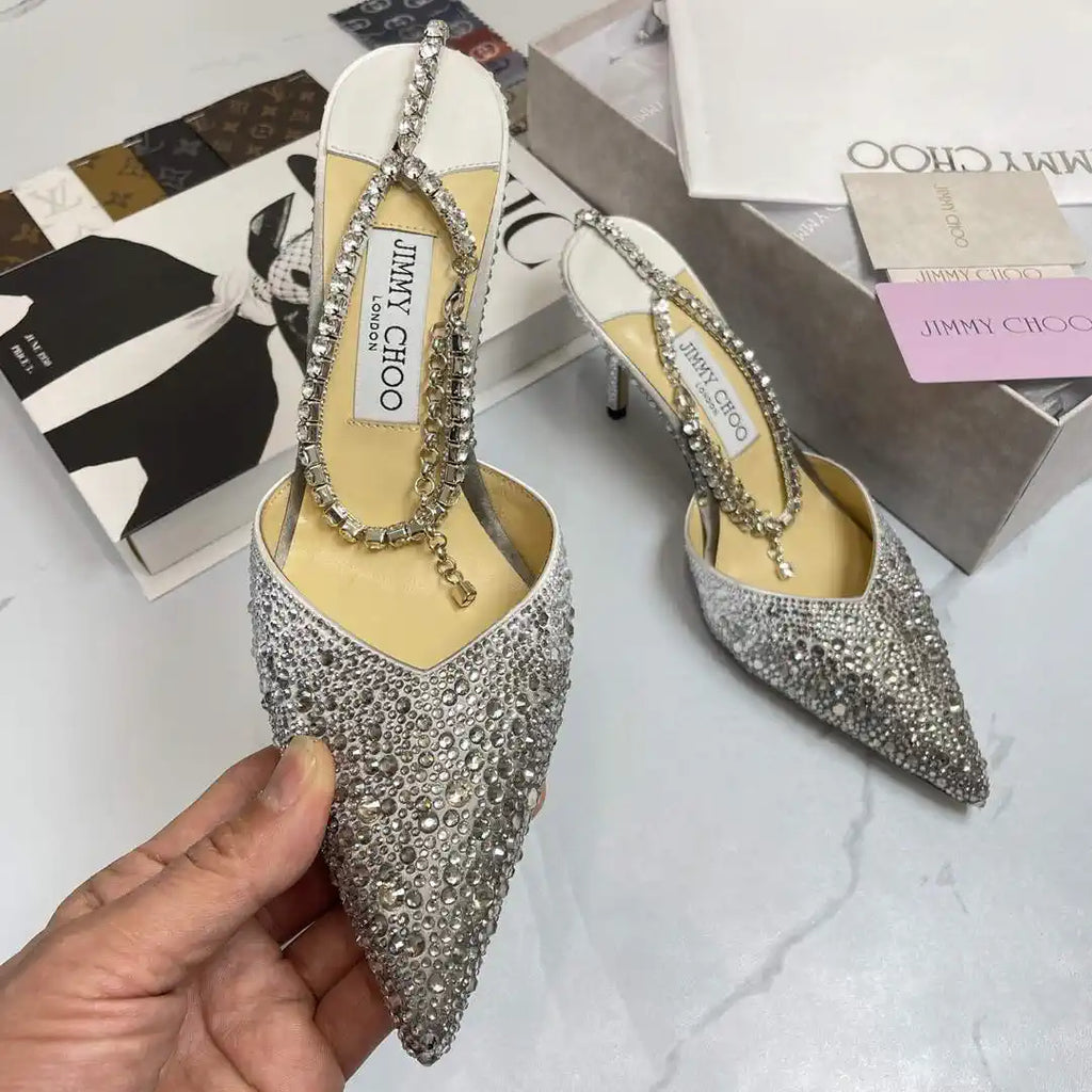 Jimmy Choo SAEDA100ZPJ Gold Satin Pumps with Crystals JC90005