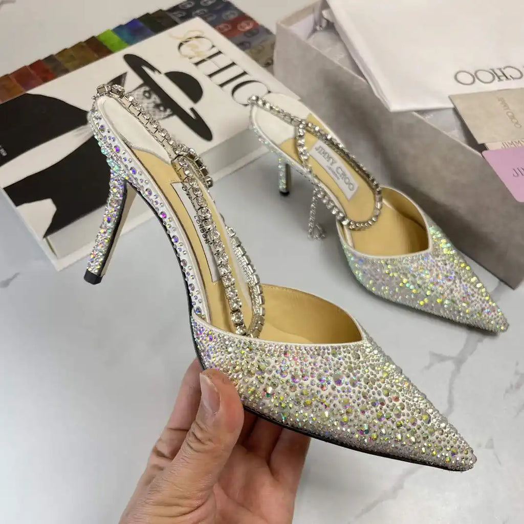 Jimmy Choo SAEDA100ZPJ Gold Satin Pumps with Crystals JC90006