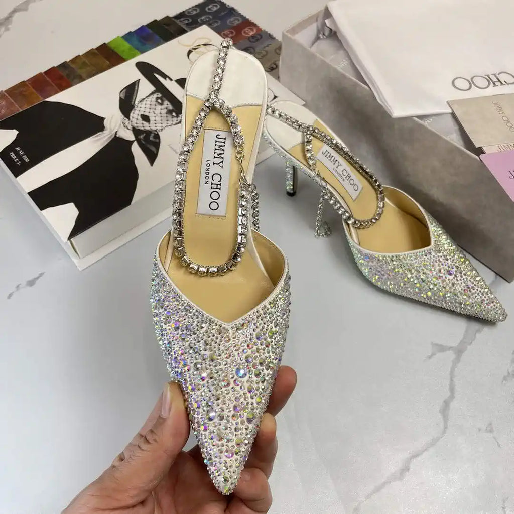 Jimmy Choo SAEDA100ZPJ Gold Satin Pumps with Crystals JC90006