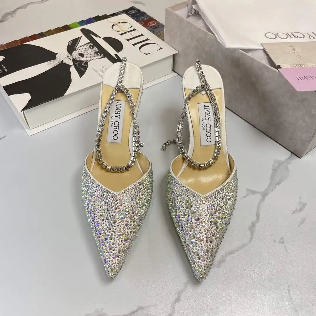 Jimmy Choo SAEDA100ZPJ Gold Satin Pumps with Crystals JC90006