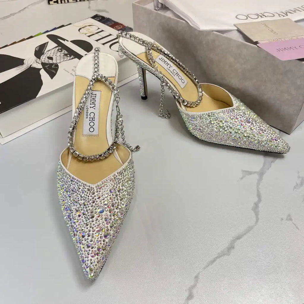 Jimmy Choo SAEDA100ZPJ Gold Satin Pumps with Crystals JC90006