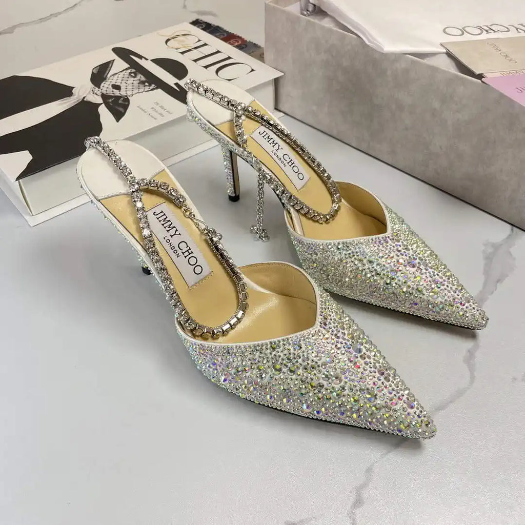 Jimmy Choo SAEDA100ZPJ Gold Satin Pumps with Crystals JC90006