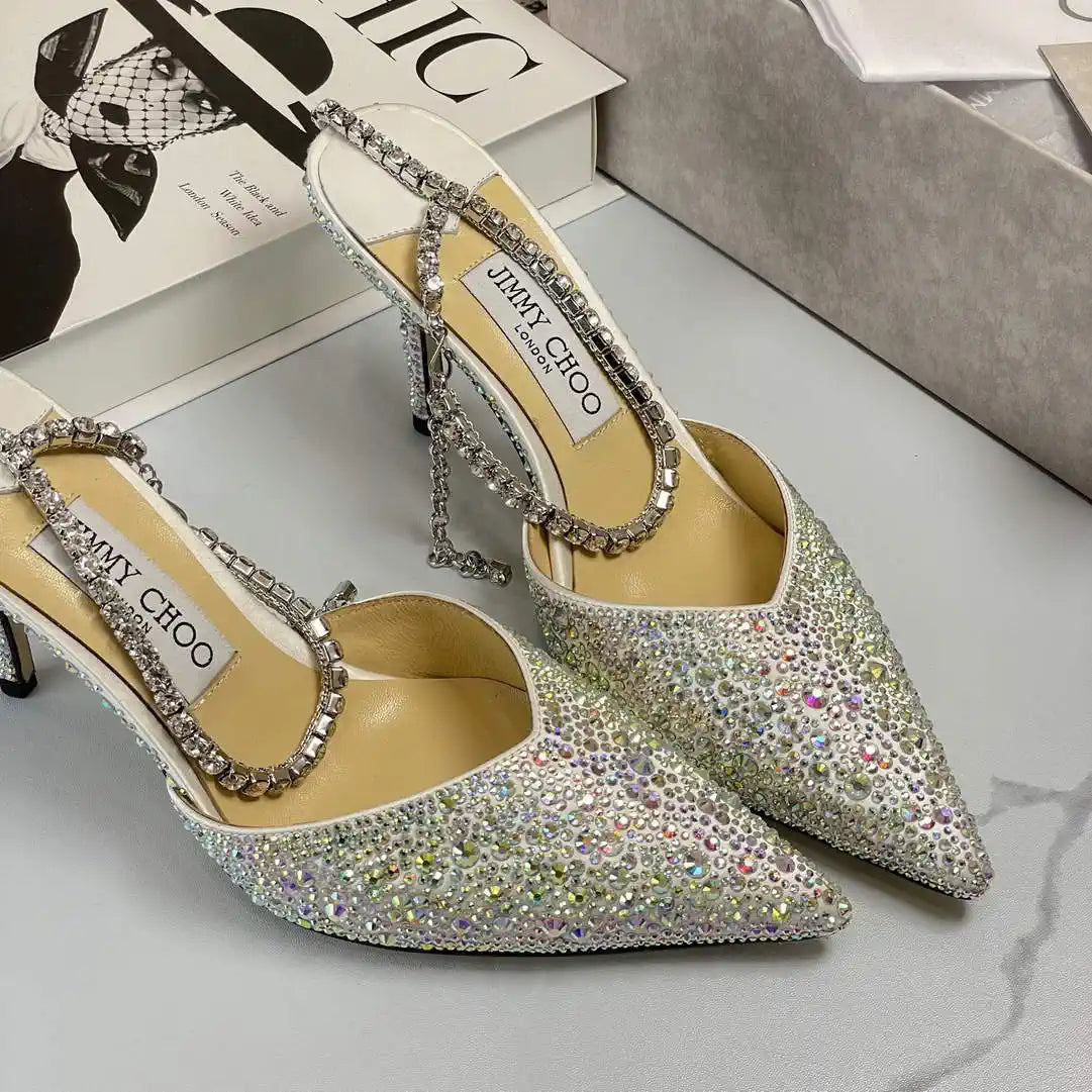 Jimmy Choo SAEDA100ZPJ Gold Satin Pumps with Crystals JC90006