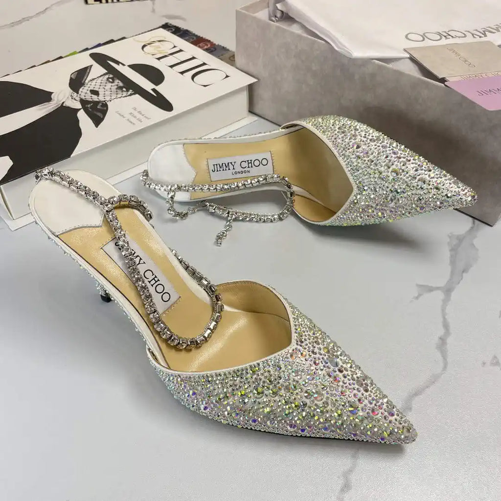Jimmy Choo SAEDA100ZPJ Gold Satin Pumps with Crystals JC90006