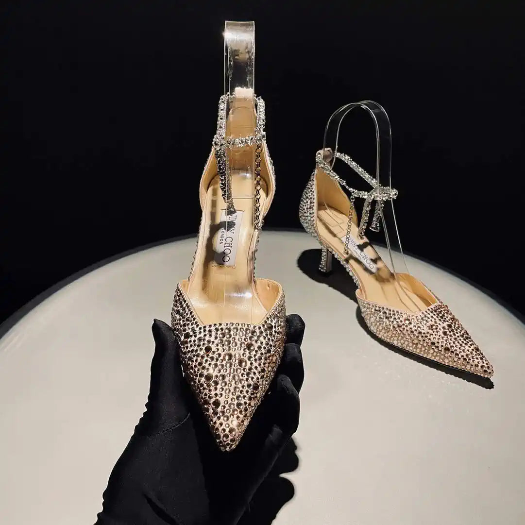 Jimmy Choo SAEDA100ZPJ Gold Satin Pumps with Crystals JC90007