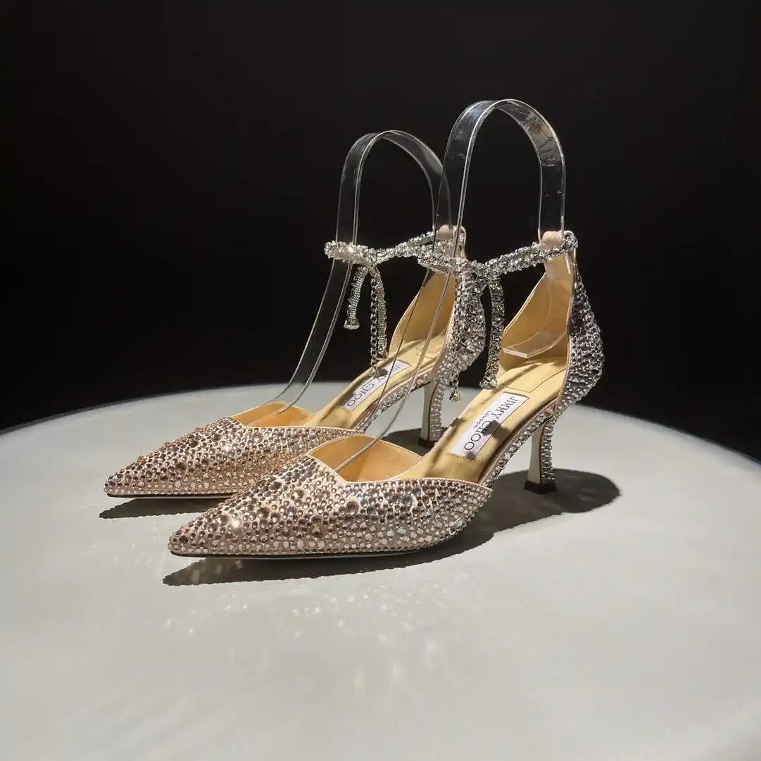 Jimmy Choo SAEDA100ZPJ Gold Satin Pumps with Crystals JC90007
