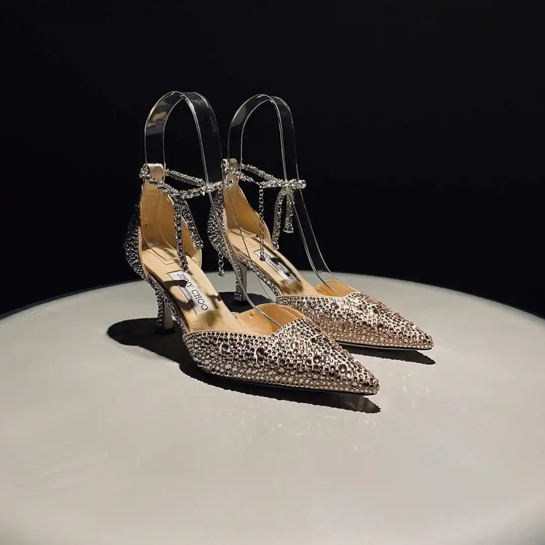 Jimmy Choo SAEDA100ZPJ Gold Satin Pumps with Crystals JC90007