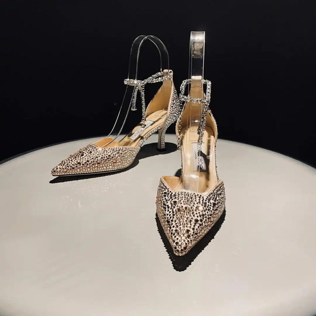 Jimmy Choo SAEDA100ZPJ Gold Satin Pumps with Crystals JC90007