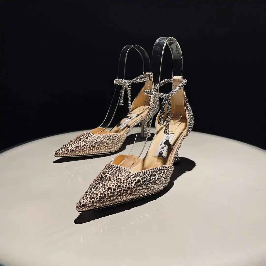 Jimmy Choo SAEDA100ZPJ Gold Satin Pumps with Crystals JC90007