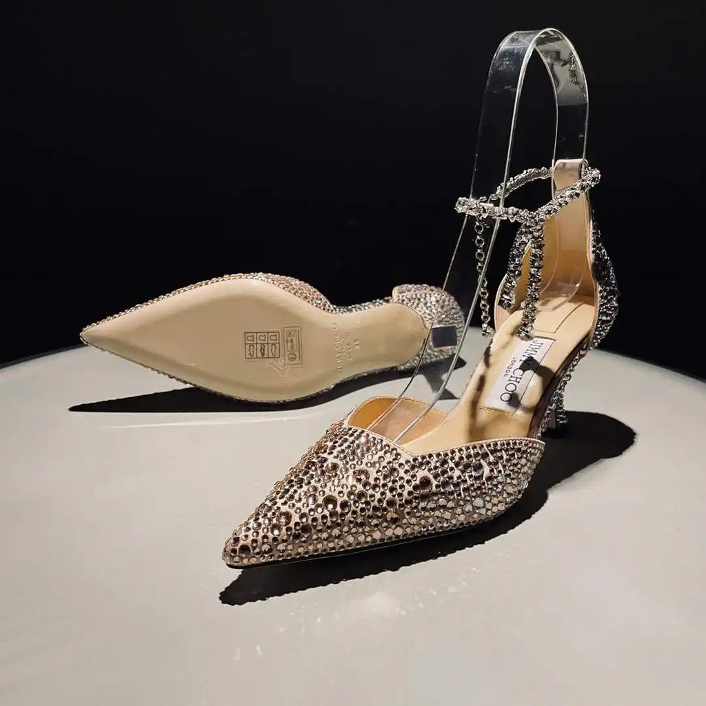 Jimmy Choo SAEDA100ZPJ Gold Satin Pumps with Crystals JC90007