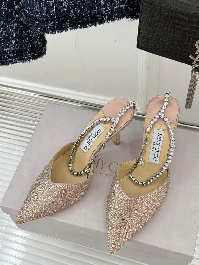 Jimmy Choo SAEDA100ZPJ Gold Satin Pumps with Crystals JC90009