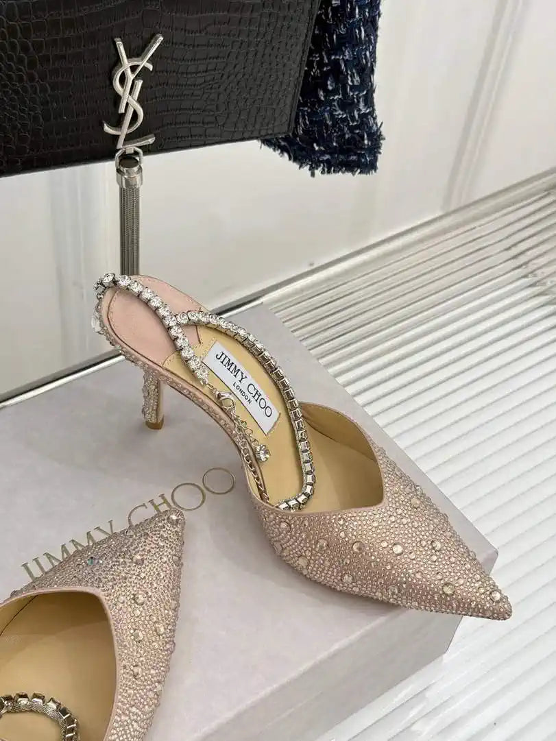 Jimmy Choo SAEDA100ZPJ Gold Satin Pumps with Crystals JC90009