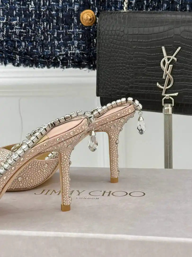 Jimmy Choo SAEDA100ZPJ Gold Satin Pumps with Crystals JC90009