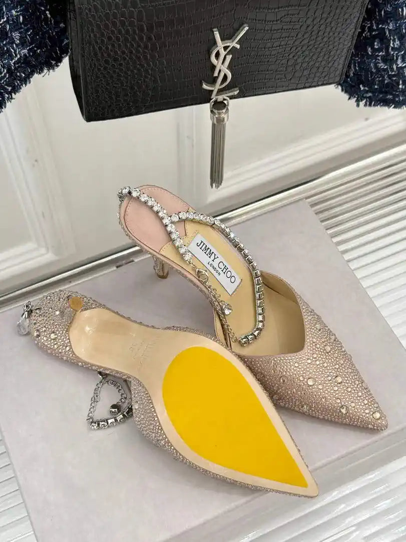 Jimmy Choo SAEDA100ZPJ Gold Satin Pumps with Crystals JC90009