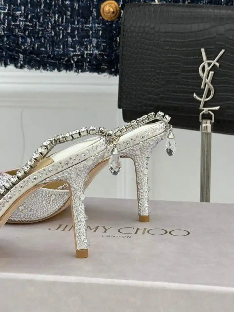 Jimmy Choo SAEDA100ZPJ Gold Satin Pumps with Crystals JC90010