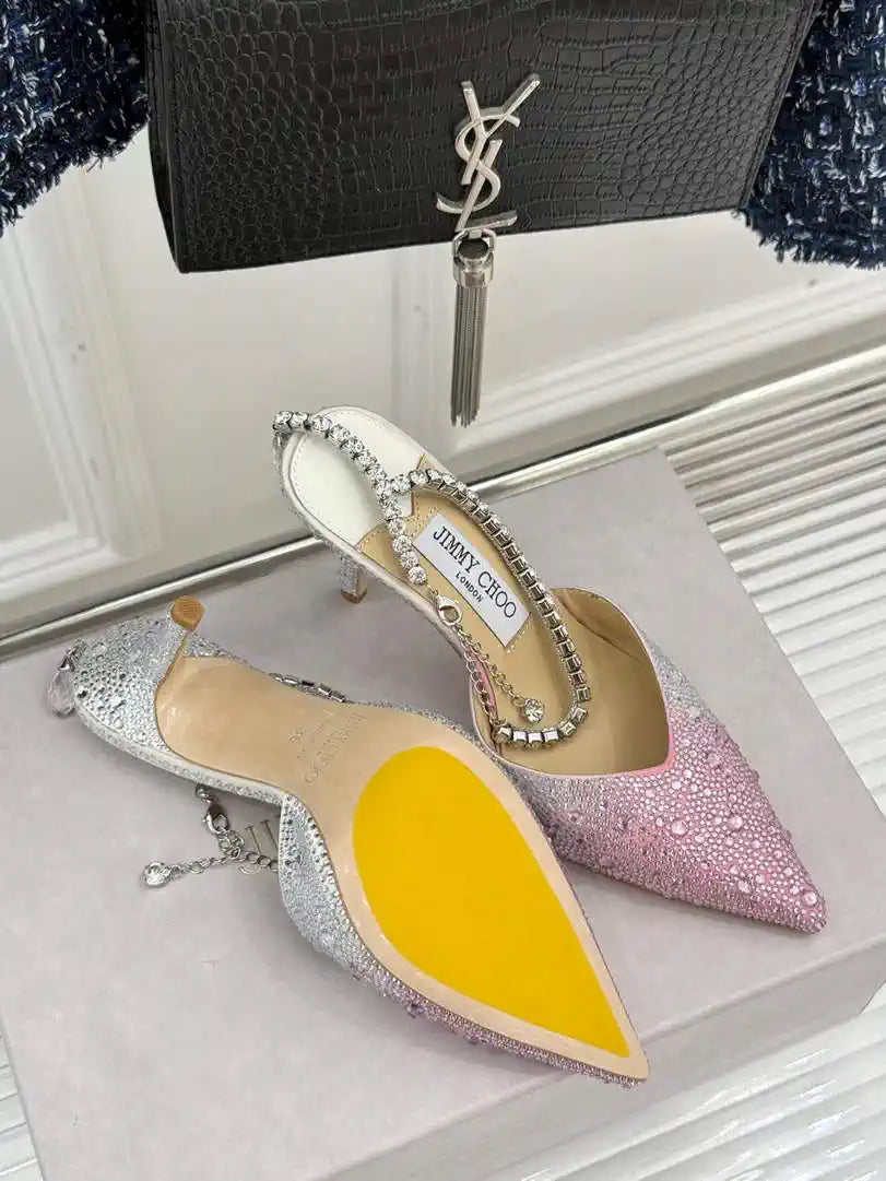 Jimmy Choo SAEDA100ZPJ Gold Satin Pumps with Crystals JC90010