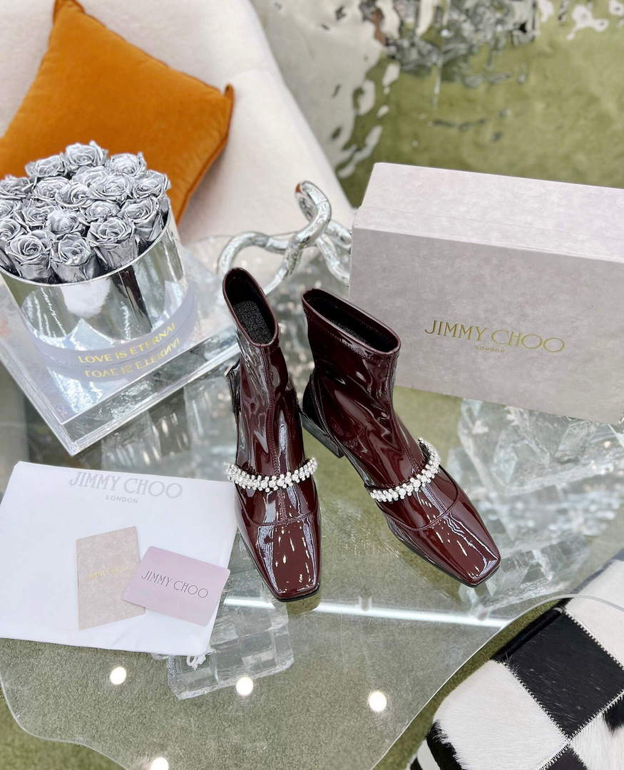 Jimmy Choo Women's Shoes Crystal-embellished Boot 10004 Wine red