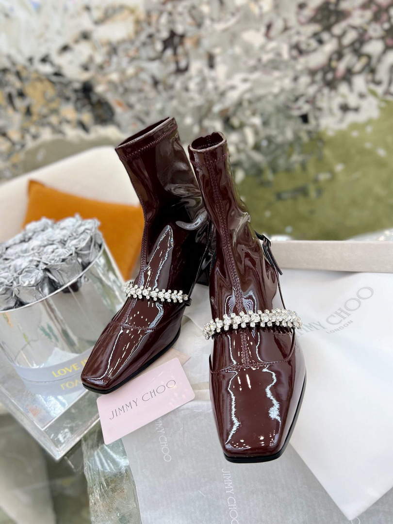 Jimmy Choo Women's Shoes Crystal-embellished Boot 10004 Wine red