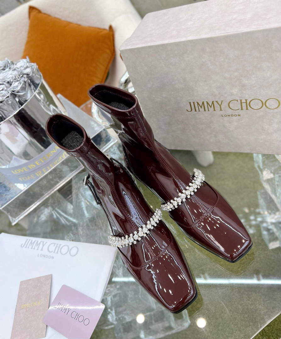 Jimmy Choo Women's Shoes Crystal-embellished Boot 10004 Wine red