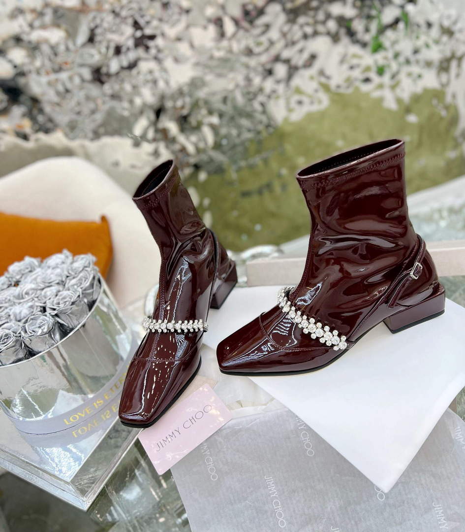 Jimmy Choo Women's Shoes Crystal-embellished Boot 10004 Wine red