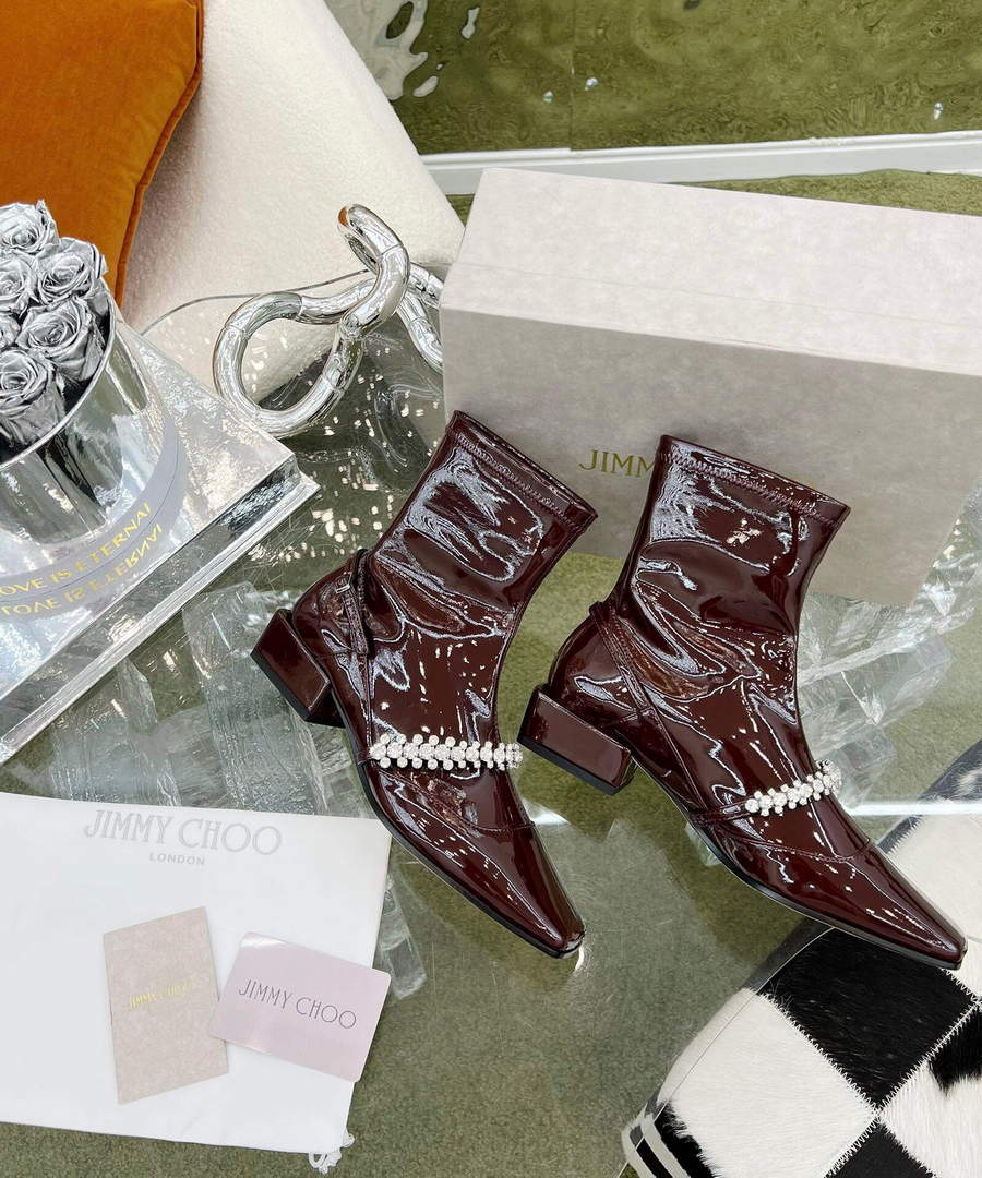 Jimmy Choo Women's Shoes Crystal-embellished Boot 10004 Wine red