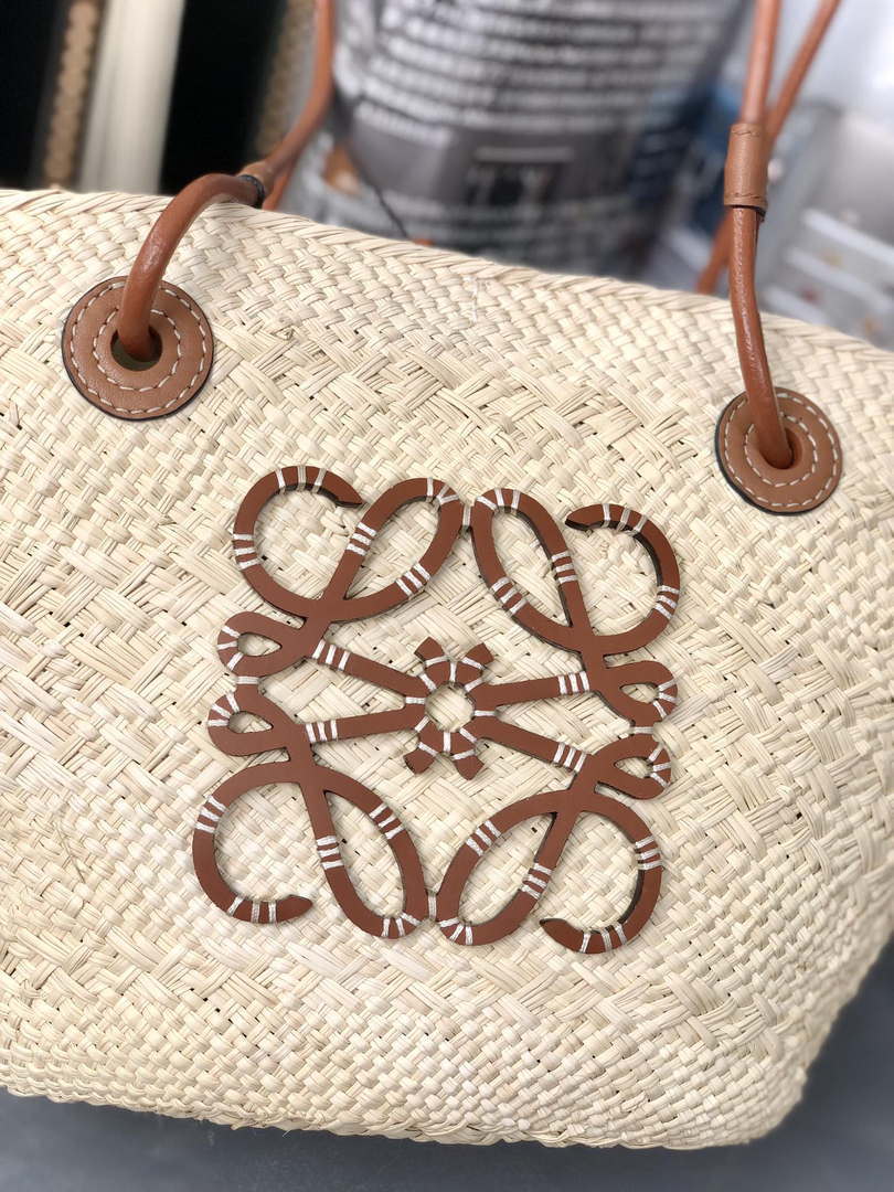 Loewe 169470054 LOEWE x Paula's Ibiza Anagram Small Basket Bag in Iraca Palm with Leather Handles Tan