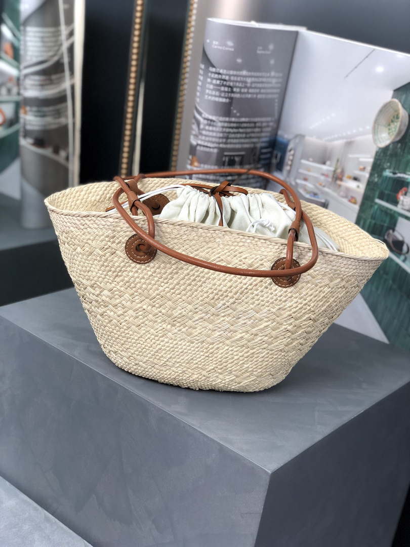 Loewe 169470054 LOEWE x Paula's Ibiza Anagram Small Basket Bag in Iraca Palm with Leather Handles Tan