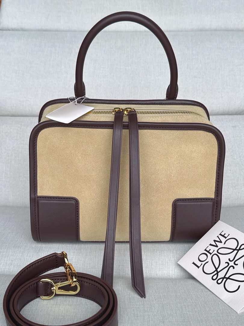 Loewe A039AS0X01 Small Amazona 180 bag in Beige Suede & soft calfskin Dark Brown