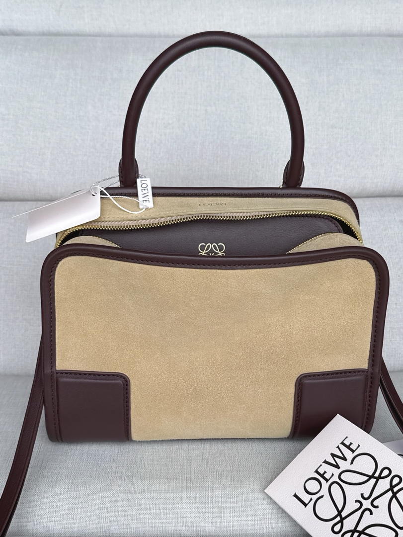 Loewe A039AS0X01 Small Amazona 180 bag in Beige Suede & soft calfskin Dark Brown