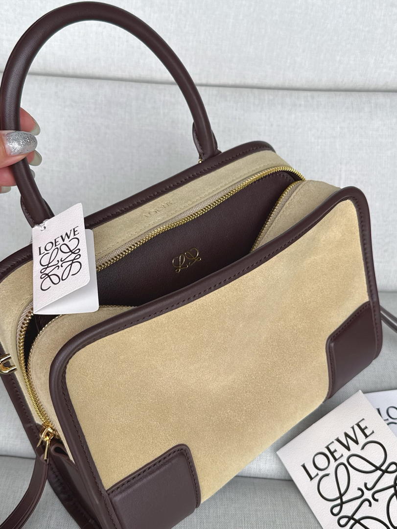 Loewe A039AS0X01 Small Amazona 180 bag in Beige Suede & soft calfskin Dark Brown