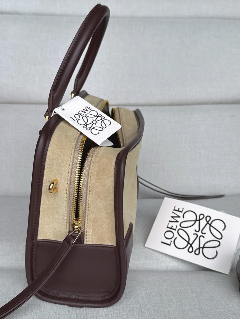 Loewe A039AS0X01 Small Amazona 180 bag in Beige Suede & soft calfskin Dark Brown