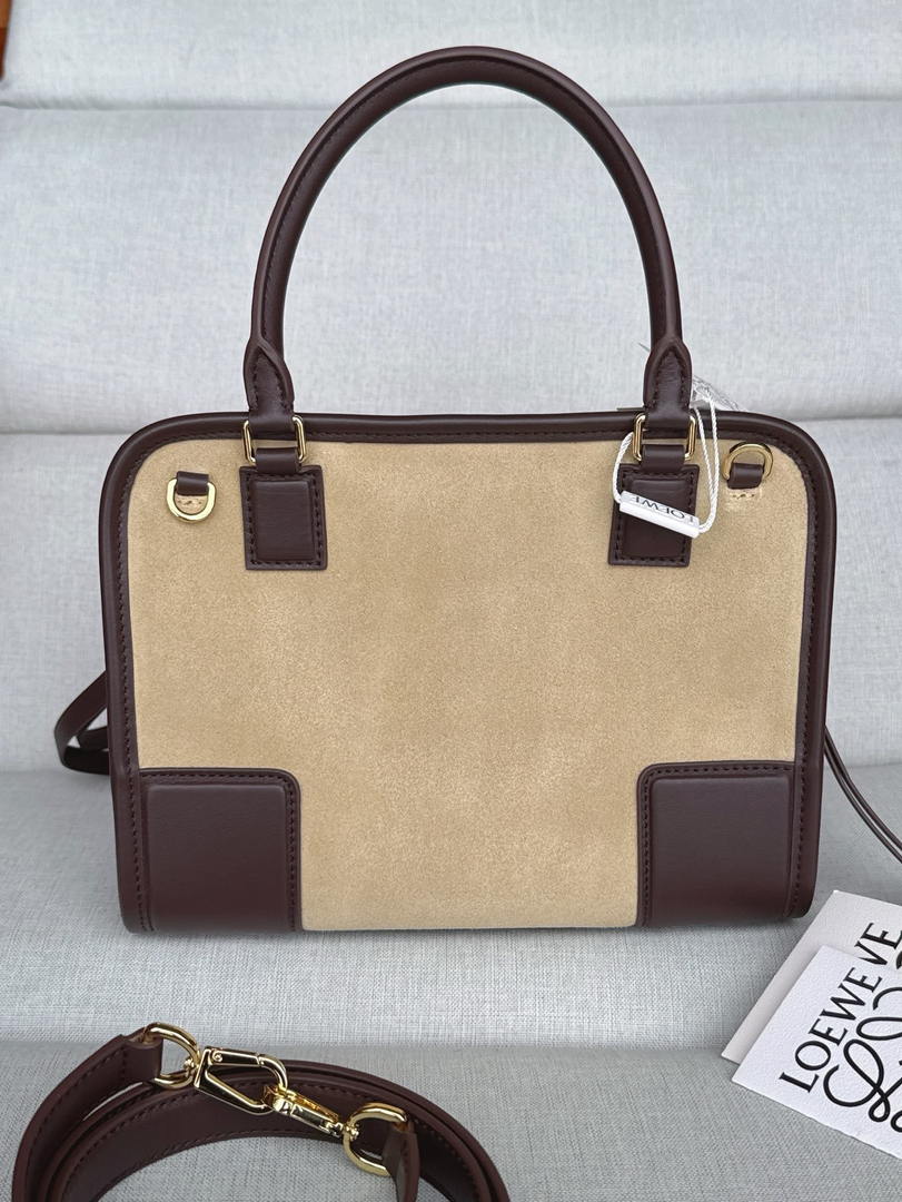 Loewe A039AS0X01 Small Amazona 180 bag in Beige Suede & soft calfskin Dark Brown