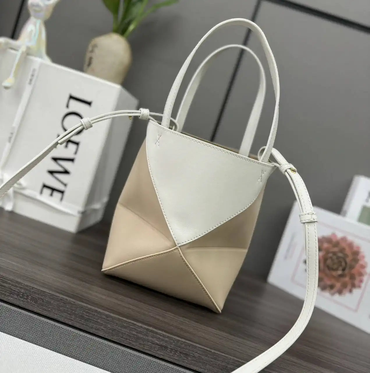 Loewe A657V25X01  Mini Puzzle Fold tote in shiny calfskin Apricot White