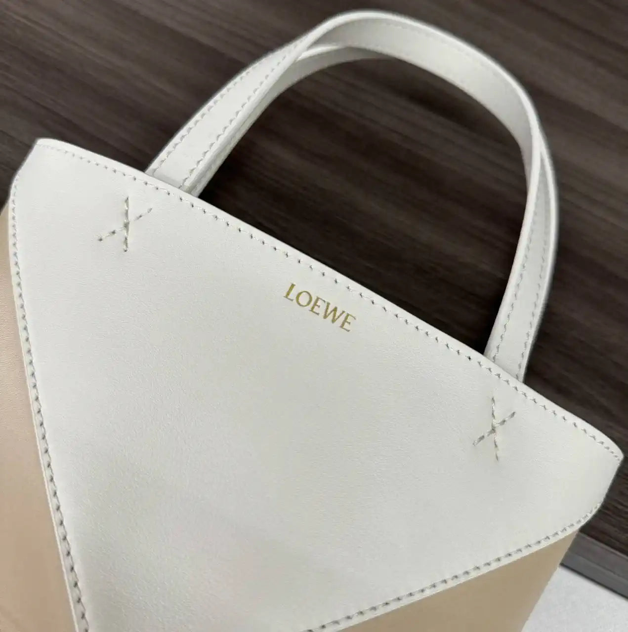 Loewe A657V25X01  Mini Puzzle Fold tote in shiny calfskin Apricot White
