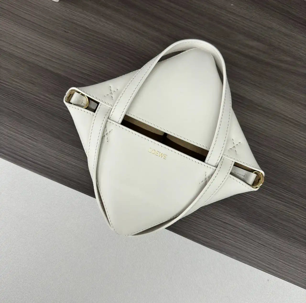 Loewe A657V25X01  Mini Puzzle Fold tote in shiny calfskin Apricot White