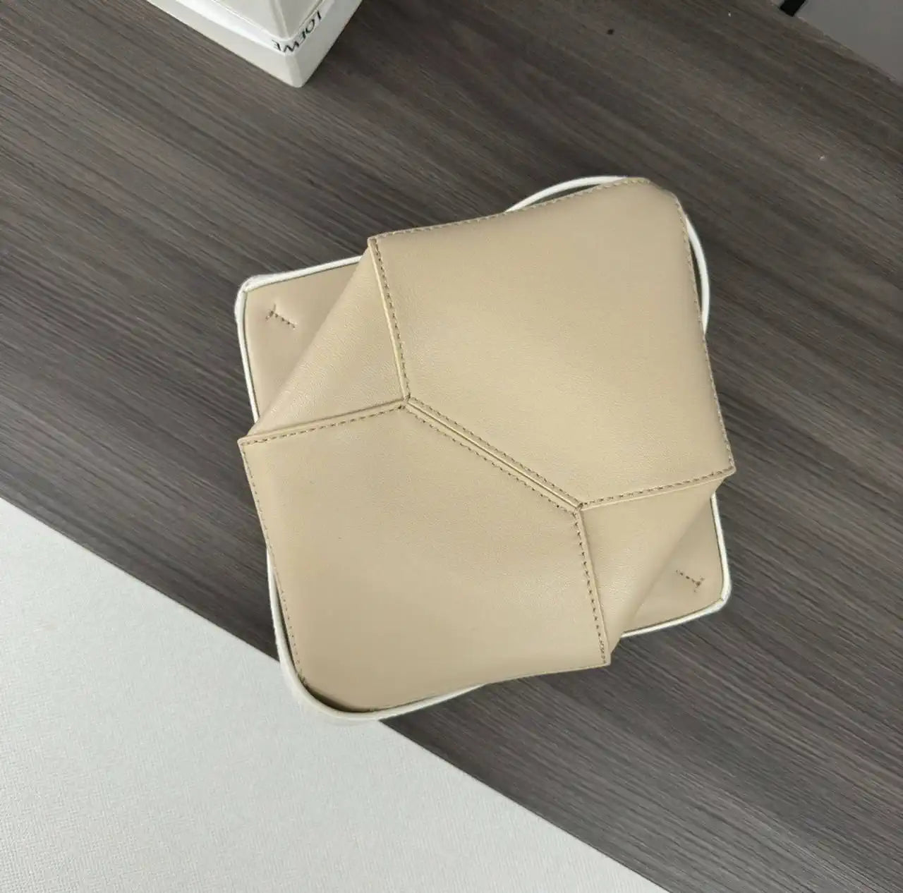 Loewe A657V25X01  Mini Puzzle Fold tote in shiny calfskin Apricot White