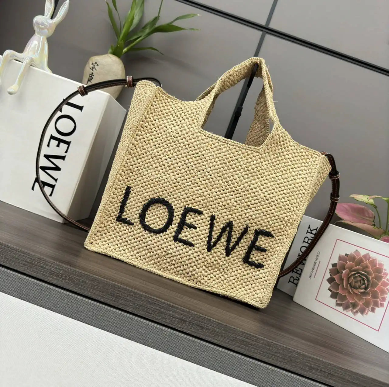 Loewe Medium LOEWE Font tote in raffia A685B61X05 Natural