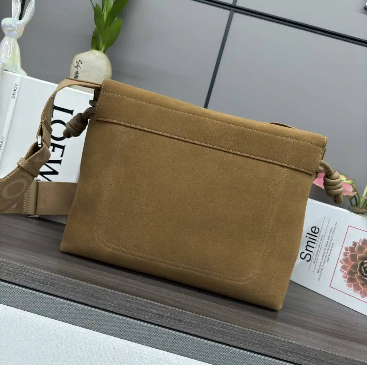 Loewe Men Flamenco satchel in Suede leather  B411FSAX04 Brown