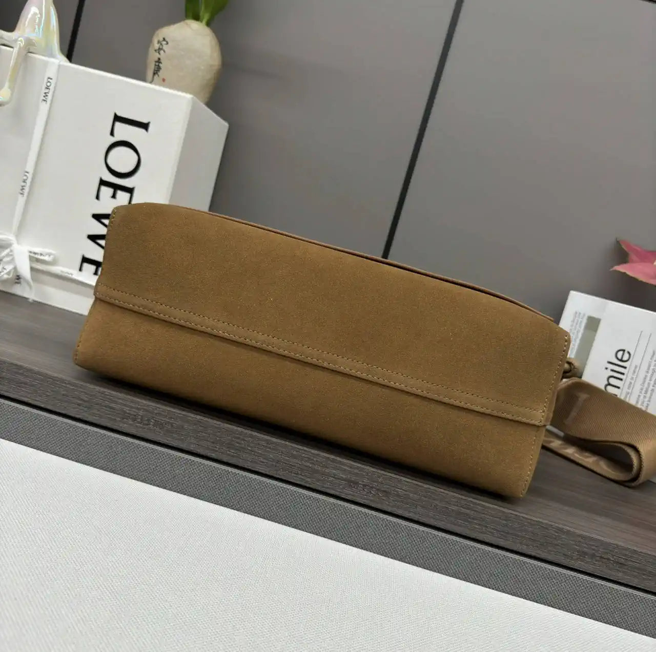 Loewe Men Flamenco satchel in Suede leather  B411FSAX04 Brown