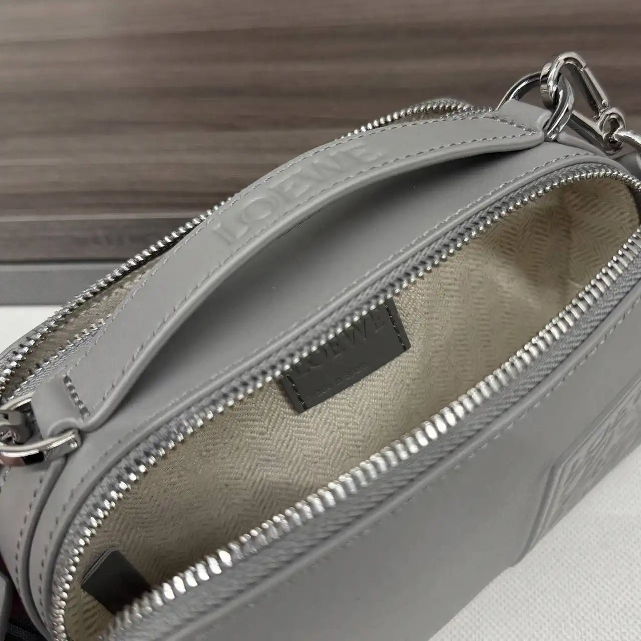 Loewe Mini crossbody camera bag in satin calfskin C565R41X05 Gray