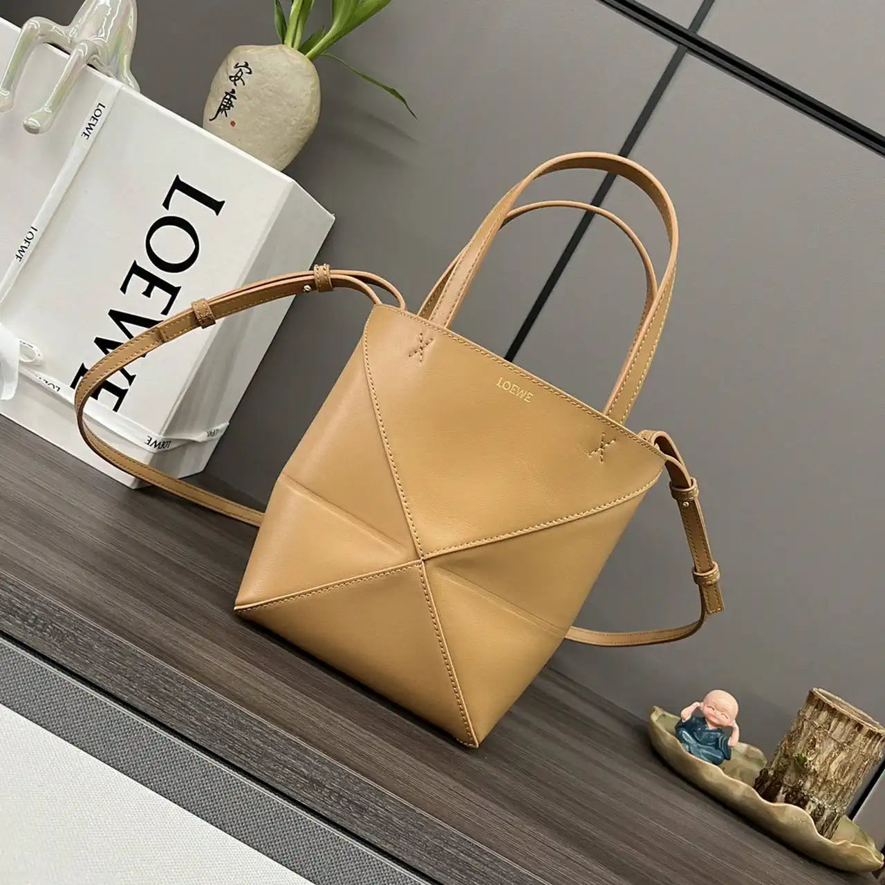 Loewe A657V25X01  Mini Puzzle Fold tote in shiny calfskin Apricot Yellow