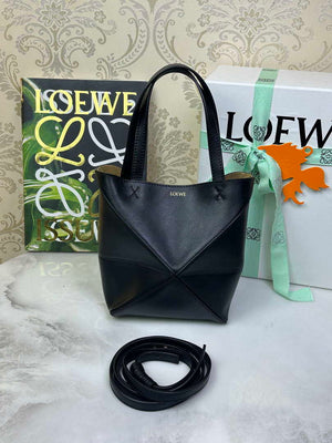 Loewe Mini Puzzle Fold tote in shiny calfskin A657V25X01 Black - Default Title - View 1