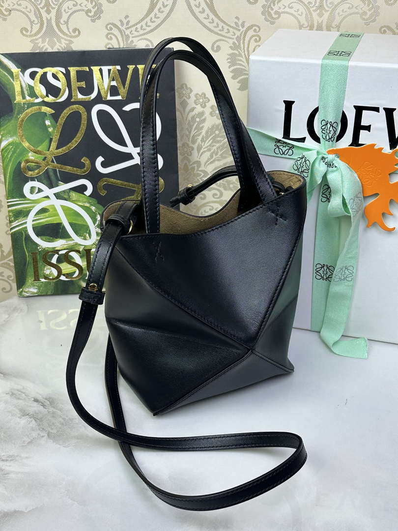 Loewe Mini Puzzle Fold tote in shiny calfskin A657V25X01 Black