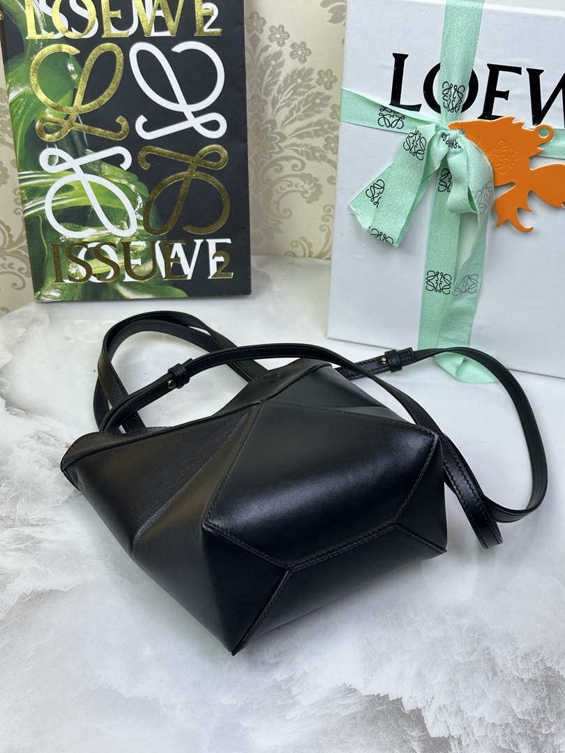 Loewe Mini Puzzle Fold tote in shiny calfskin A657V25X01 Black