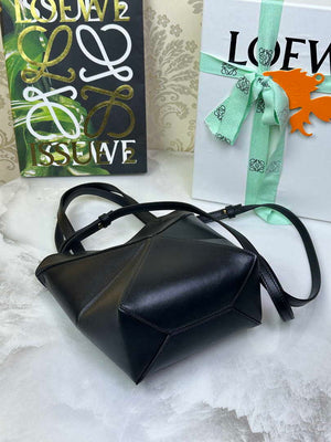 Loewe Mini Puzzle Fold tote in shiny calfskin A657V25X01 Black - Default Title - View 5