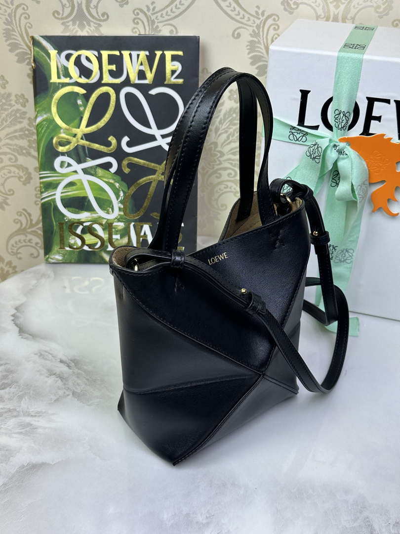 Loewe Mini Puzzle Fold tote in shiny calfskin A657V25X01 Black
