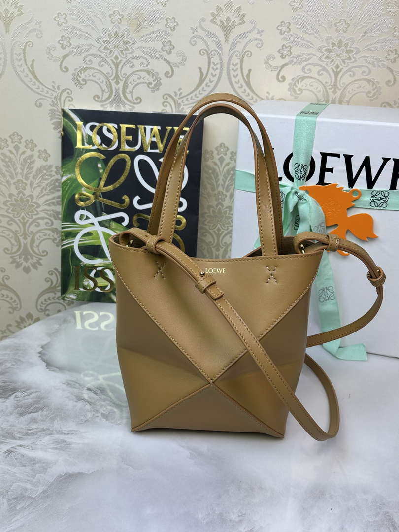 Loewe Mini Puzzle Fold tote in shiny calfskin A657V25X01 Brown